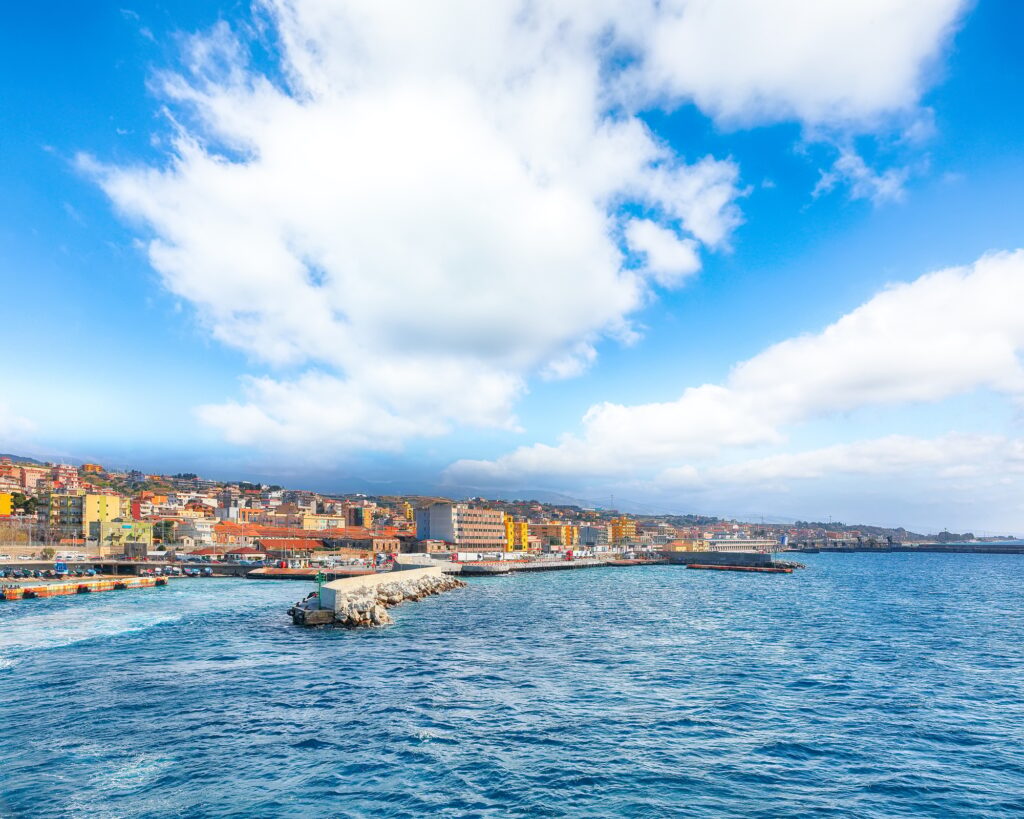 Amazing Cityscape of Villa San Giovanni town and port conecting Villa San Giovanni and Messina.