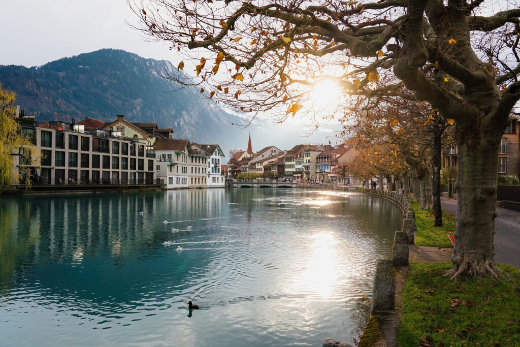 Beautiful autumn view of Aare River and Unterseen - Interlaken, Switzerland