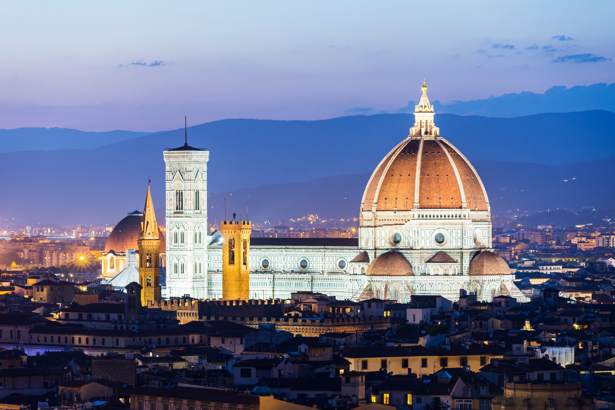 Cityscape with Florence cathedral at dusk, Florence, Tuscany, Italy