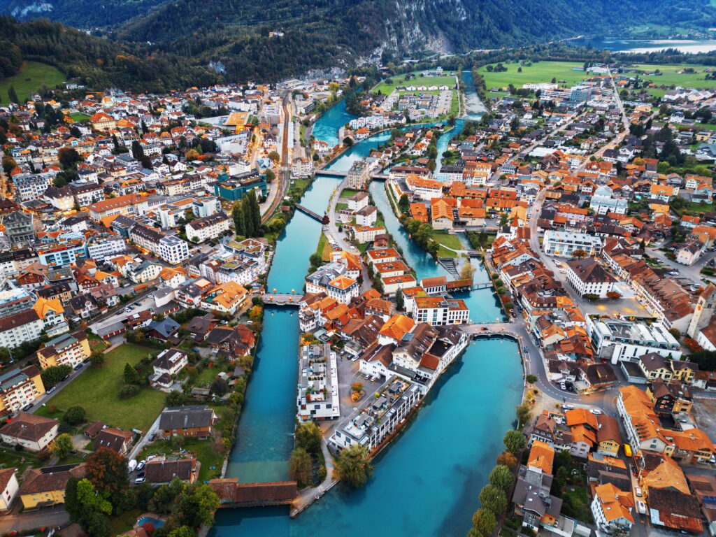 Interlaken, Switzerland on the Aare River from above.